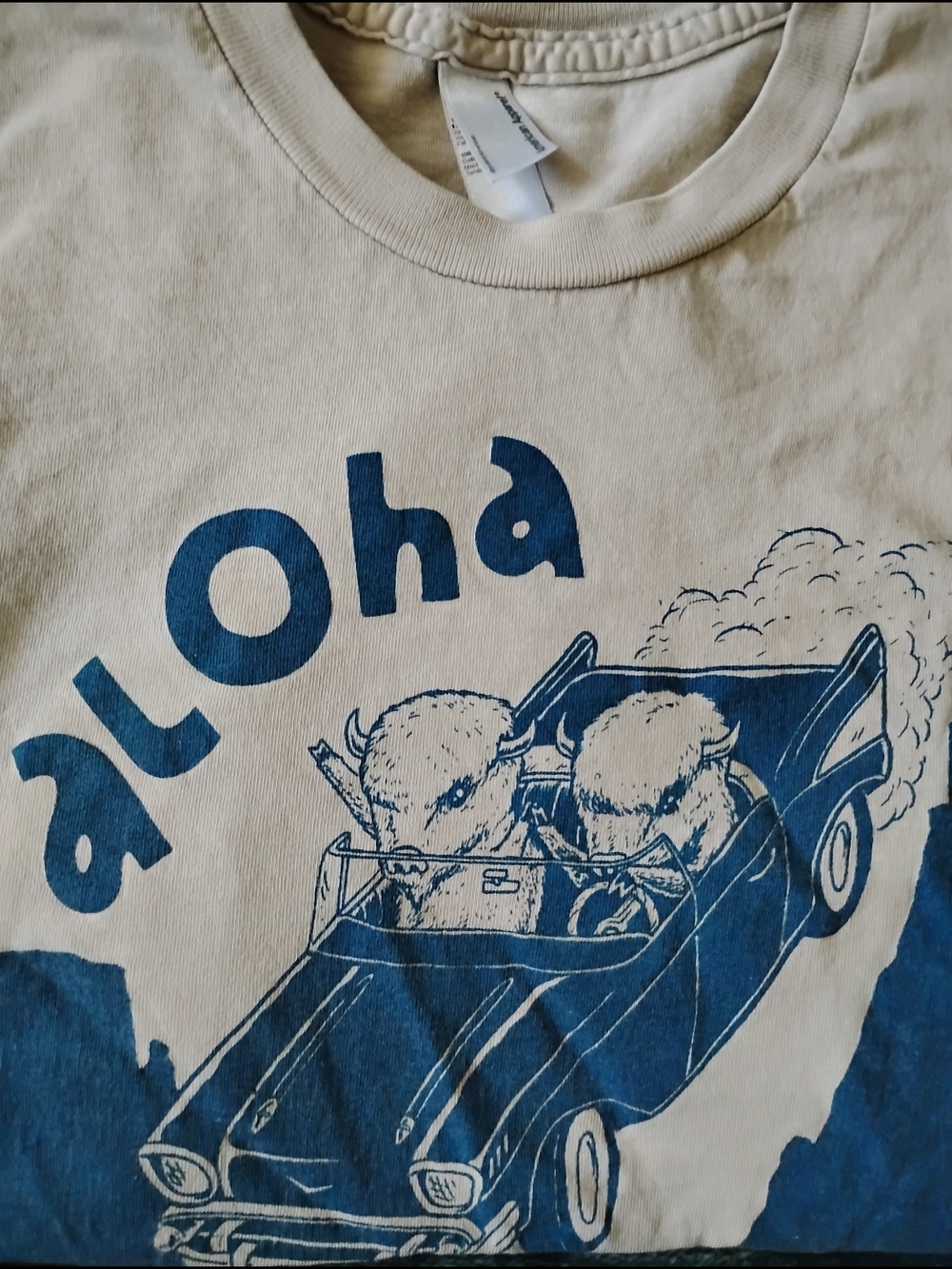 American Apparel Cream Tee with Blue 'aloha' Buffalo Car Graphic
